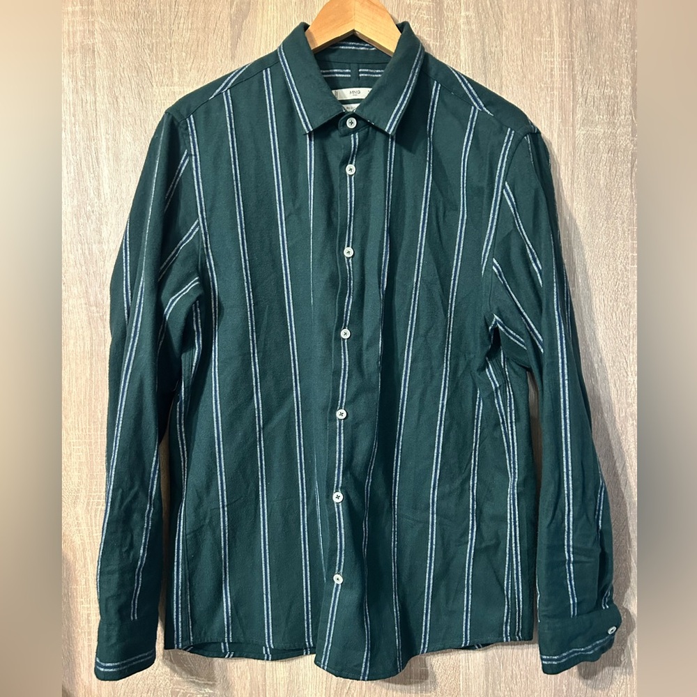 MNG Mango Green Striped Long Sleeve Button Down Shirt Size Medium 100% Cotton